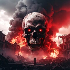 Giant skull overlooking a war-torn city