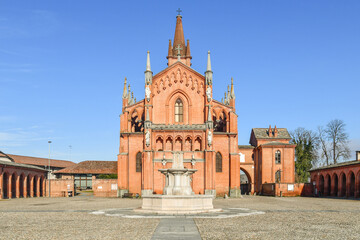 The parish church of San Vittore (1842) in the important Roman town, founded in the late second century B.C., now hamlet of Bra, Pollenzo (Cuneo), Piedmont, Italy