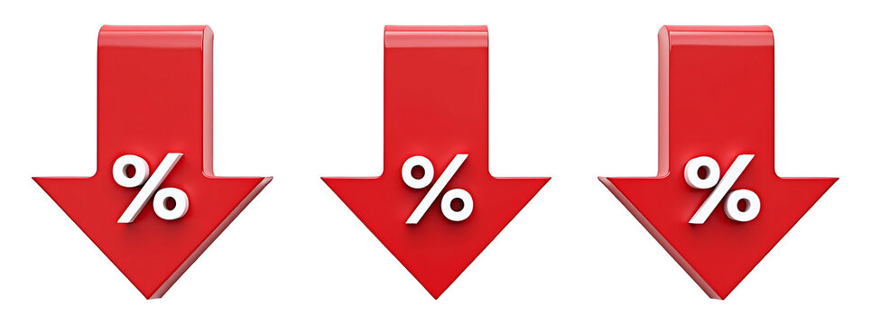 Discount and price reduction concept with three red down arrows and percent symbols isolated on transparent background