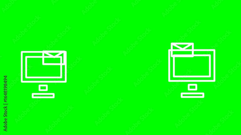 Poster email transfer animation between two computers on green screen. clean flat style with white outline.
