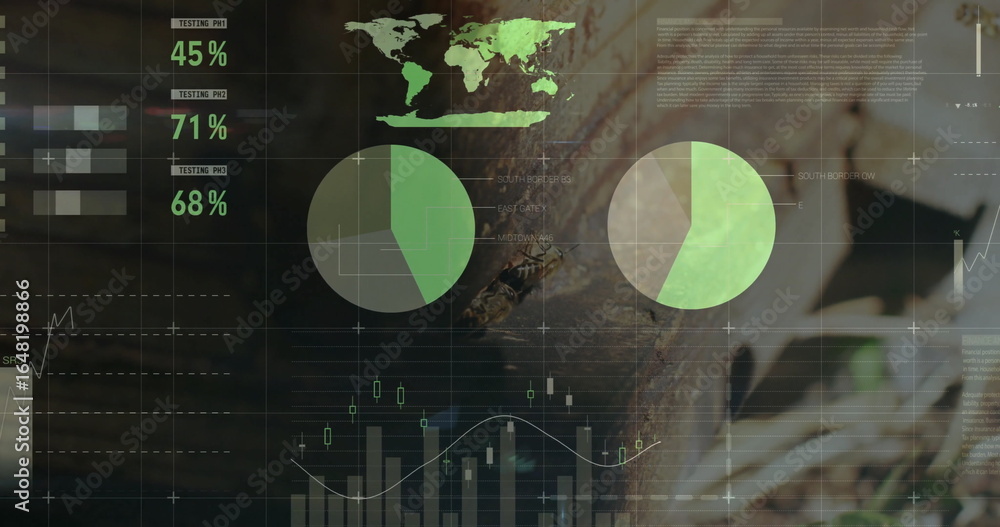 Poster showing dashboard on wood-backdrop, with map progress bars pie charts candlestick and line graph
