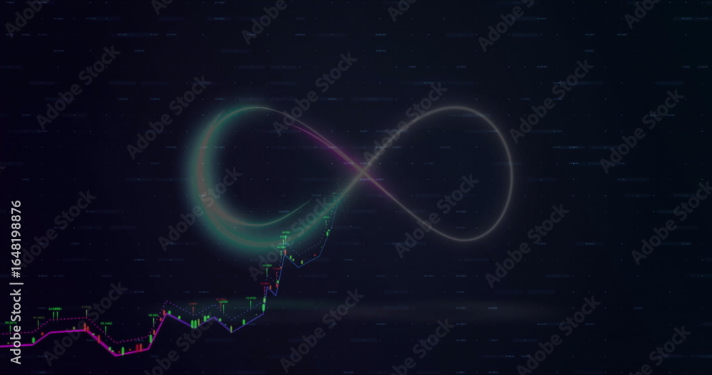 Poster floating neon infinity symbol hovering over rising candlestick chart in interface with glitch lines