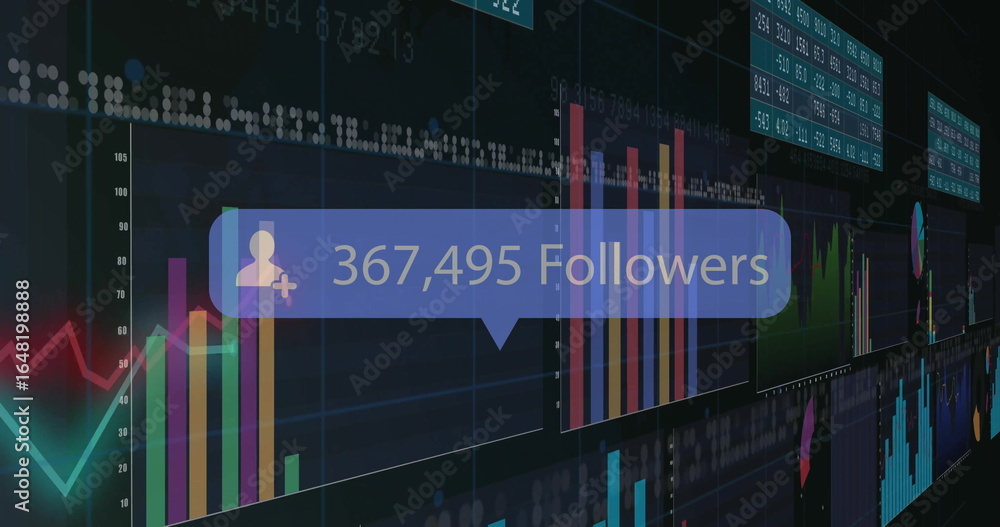 Poster showing notification bubble overlaying data dashboard, with follower count, charts and data tables