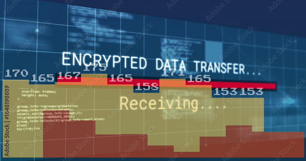 Poster displaying bar chart tracking encrypted data transfer progress on grid interface with code overlay