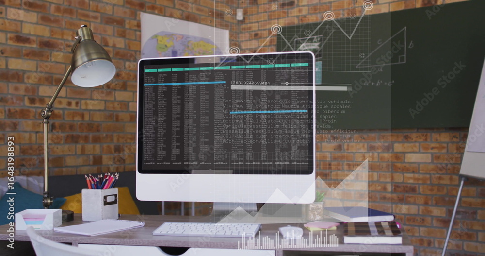 Poster displaying white all-in-one desktop computer showing code at desk, with metal lamp, keyboard, mouse