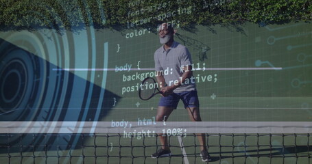Waiting man wearing polo shirt holding racket on tennis court near net, with digital code graphic