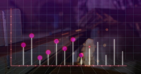 Showing grid plane with vertical bars and magenta spheres at desk, with laptop and mug