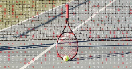 Propping racquet with yellow tennis ball at net on hardcourt lines, featuring binary code overlay