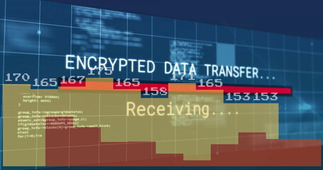 Displaying bar chart tracking encrypted data transfer progress on grid interface with code overlay