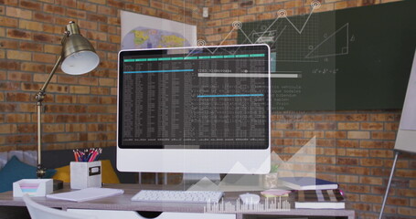 Displaying white all-in-one desktop computer showing code at desk, with metal lamp, keyboard, mouse