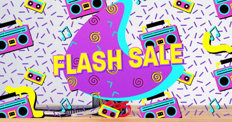 Showcasing FLASH SALE sign sitting on wooden desk with mic, headphones and retro boombox icons