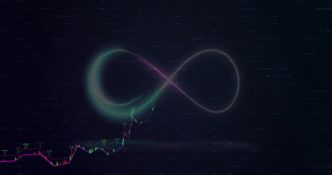 Floating neon infinity symbol hovering over rising candlestick chart in interface with glitch lines