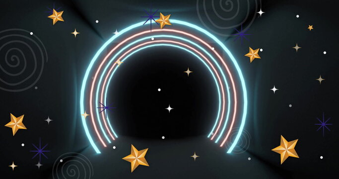 Naklejki Shining cyan pink neon arch glowing within digital tunnel, with golden stars and space motifs