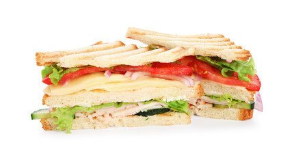 Yummy sandwiches with ham, cheese and vegetables isolated on white