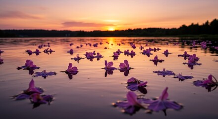 Naklejka premium Serene sunset reflecting pink and purple flowers floating on tranquil water surface