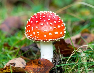 Close-up of a vibrant red toadstool in grass