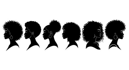 Silhouettes of african american women with different hairstyles in a row on a white background