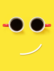 Coffee in cups and line making smiling face on yellow background, top view