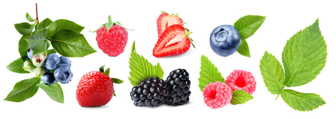 Various berries and green leaves isolated on white, set