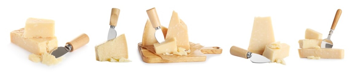 Parmesan cheese pieces isolated on white, set
