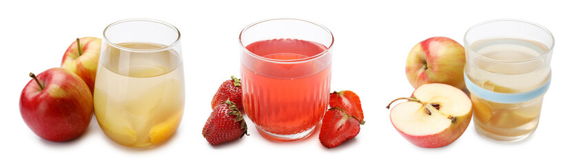 Fresh compot in glasses. Drinks made from apples and strawberries isolated on white, set