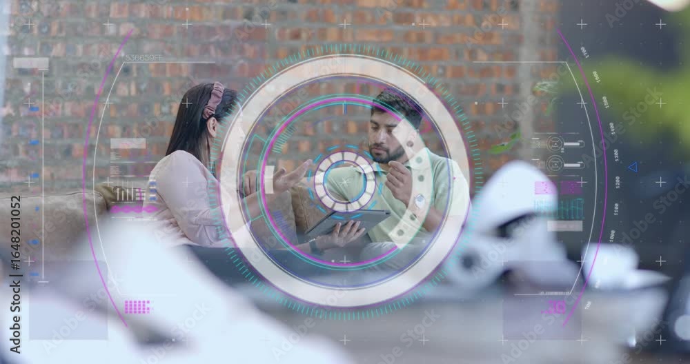 Poster woman pointing tablet and initiating tech explanation while man sipping mug and tapping overlay