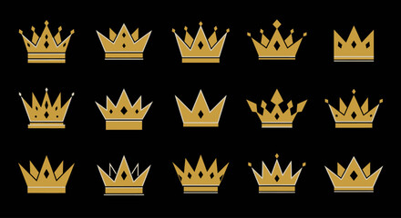 Set of golden crown icons with elegant flat design on a black background. Includes various royal and fantasy styles. Ideal for game UI, logo design, badges, or luxury branding