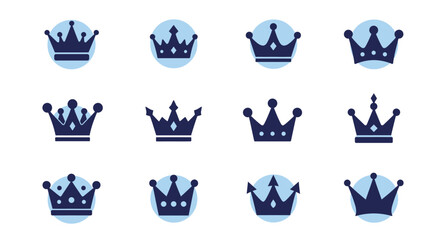 Collection of flat style crown icons in dark blue with circular backgrounds. Includes various royal, fantasy, and decorative crown designs. Ideal for badges, logos, or game elements.