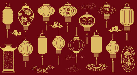 Collection of traditional Chinese lantern icons in elegant gold line art on a red background. Includes various lantern shapes and decorative frames. Ideal for festive or cultural designs