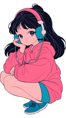 レトロポップな色彩に包まれた少女が大きなヘッドフォンで音楽を楽しむ姿を描いたイラスト。懐かしさと可愛らしさが融合した世界観で、レトロファッションやカセットテープ、ビビッドカラーの背景がポップカルチャーを感じさせるおしゃれで魅力的な作品。