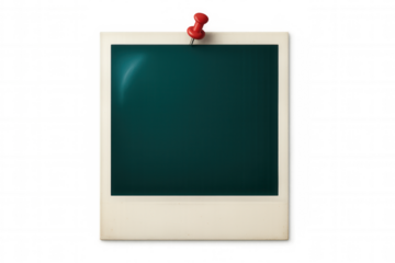 Red push pin holding blank vintage photo with transparent background, creating a retro and customizable design element