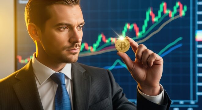 Businessman holding a bitcoin coin in front of a financial chart.