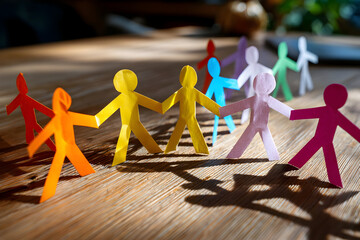 Colorful Paper Figures Hold Hands on a Wooden Surface, Symbolizing Teamwork and Social Security