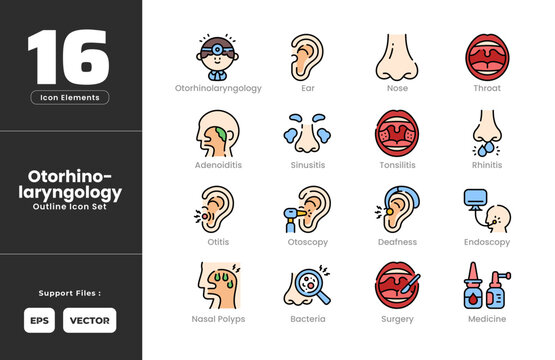 Otorhinolaryngology Symptoms Icon Set Collection - Outline Line Art Style. Ear, Nose, Throat, Adenoiditis, Sinusitis, Tonsilitis, Rhinitis, Otitis, Otoscopy, Deafness, Endoscopy, Nasal Polyps, Surgery