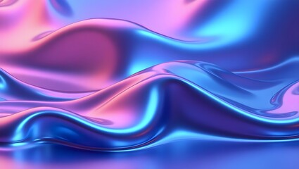Abstract flowing waves of iridescent holographic liquid metal with soft pink and vibrant blue neon light reflections creating a futuristic and ethereal background