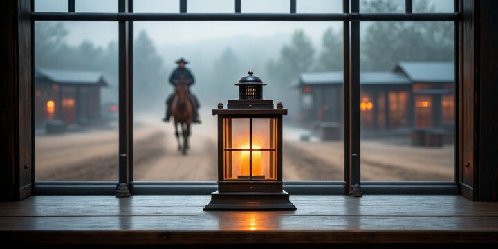 Lantern's glow welcomes a lone rider amidst the misty dusk at an old western town