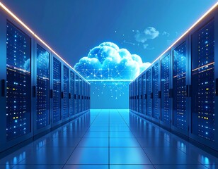 Futuristic server room with a digital cloud