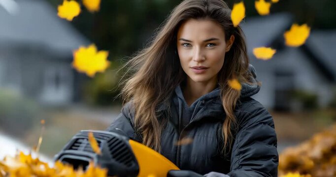 Female Landscaper Operating Leaf Blower