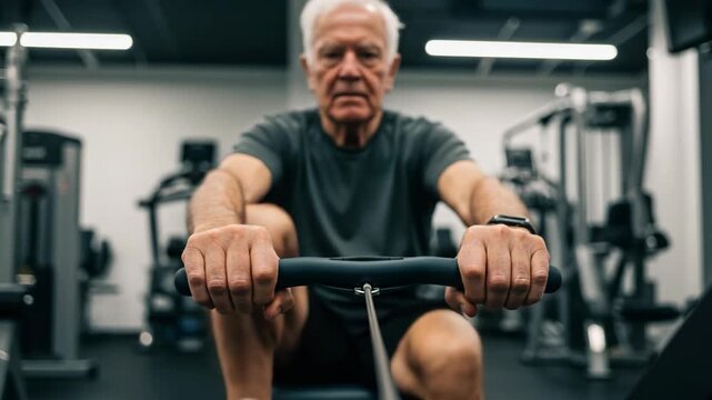 Senior Man Exercising on Rowing Machine in Modern Gym Setting for Fitness Blogs, Health Awareness Campaigns, and Senior Wellness Articles  