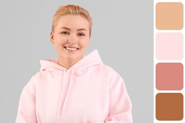 Young woman with short hair on grey background. Different color patterns
