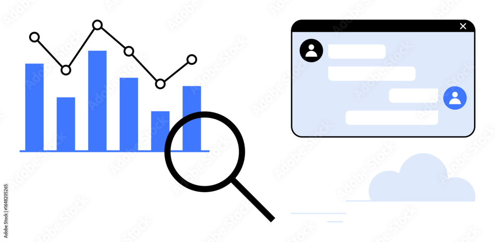 Aufkleber bar chart and line graph with magnifying glass, messaging interface, and cloud. ideal for analytics,