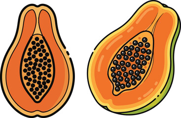 Two papaya halves with seeds illustration on a white background, vector graphic