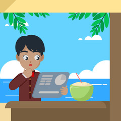 Javanese man in traditional attire reads sales data on tablet in bamboo beach hut, Lombok. Tropical vibes meet digital nomad lifestyle in clean flat vector.

Let me know if you'd like a shorter versio