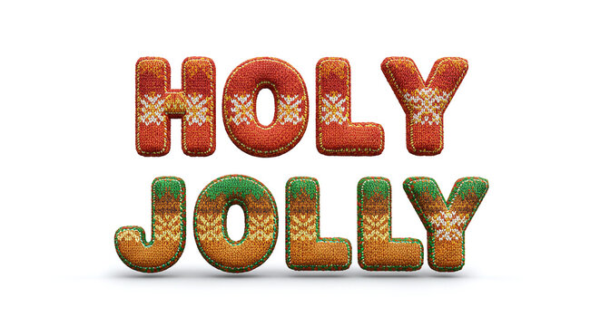 Isolated knitted christmas words holy jolly with festive patterns on a white background