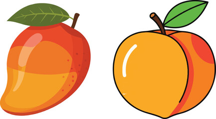 Mango and peach cartoon vector illustration, ripe summer fruits with leaves