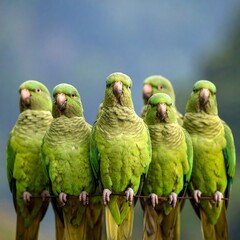 Group Green Parrots Perched Wire