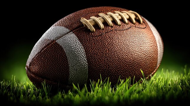 Classic pigskin football nestled on vibrant green turf, ready for the big game