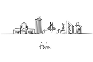 Naklejka premium Ambon city skyline in Indonesia in a continuous line drawing featuring Jembatan Merah Putih and Pattimura Statue, a minimalist city silhouette concept celebrating Maluku culture and coastal heritage.