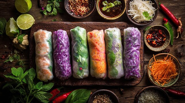 Colorful spring rolls arranged on a rustic wooden board, surrounded by various Asian ingredients - Powered by Adobe