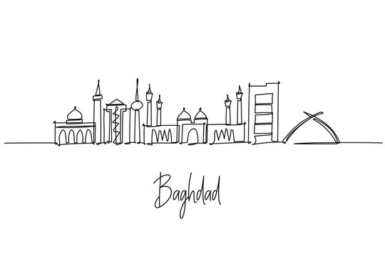 Baghdad city skyline of Iraq in a one line drawing with Martyrs Monument, Baghdad Tower, and Victory Arch, a minimalist city silhouette concept reflecting Tigris river heritage and resilient culture.